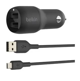 Belkin Dual USB-A Car Charger 24W USB-C Cable, Black